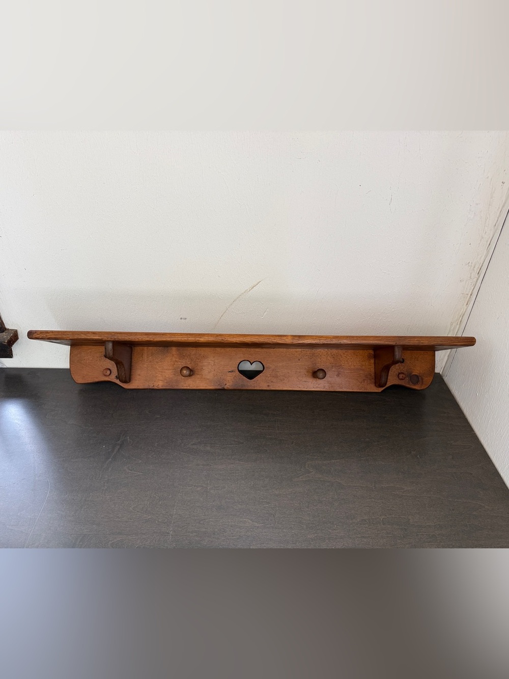 Vintage Primitive Pine Heart Cutout Wall Shelf Peg Rack 36” Country Cottage